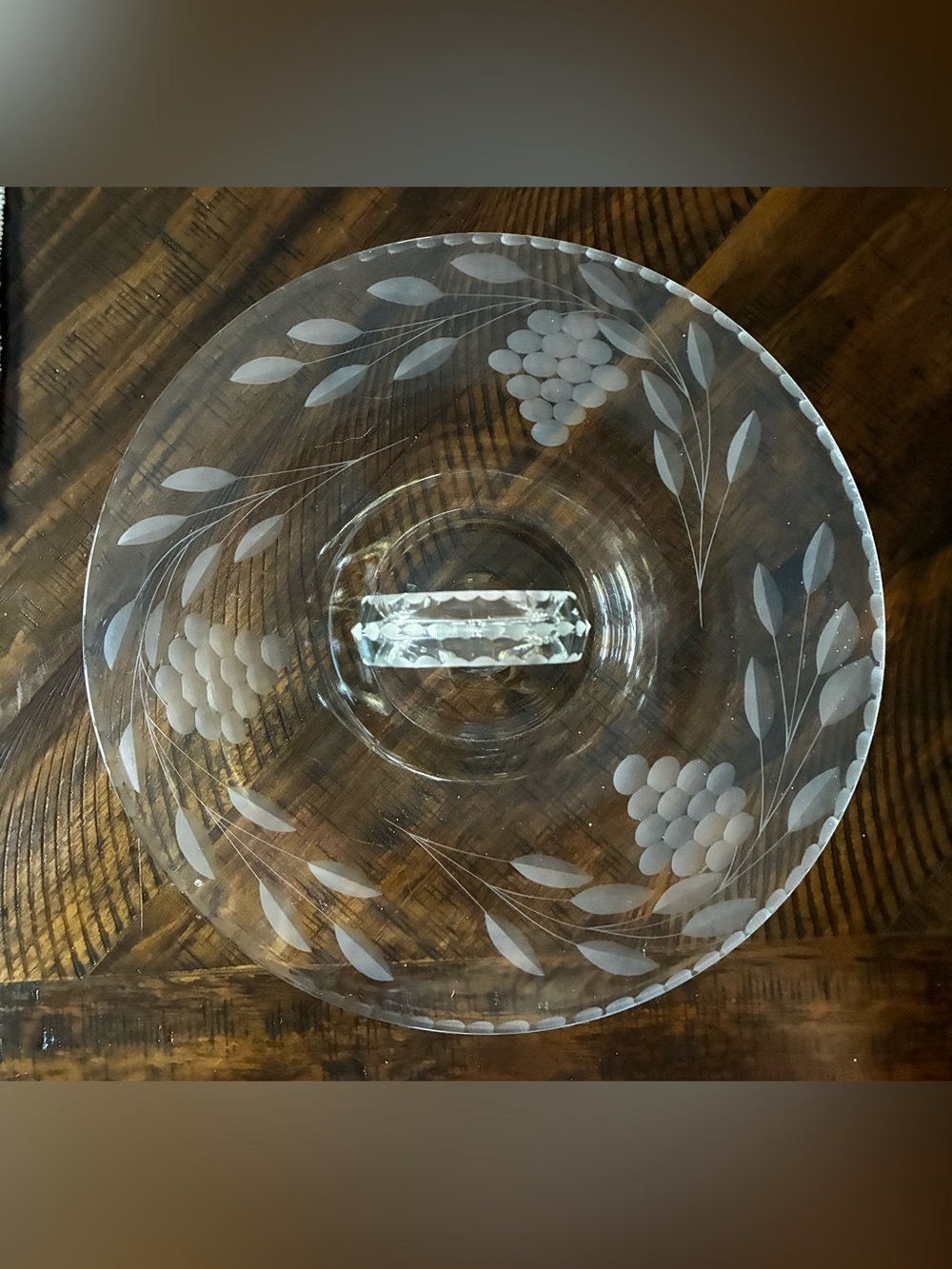 Clear Etched Glass Serving Plate with Grape Motif - White